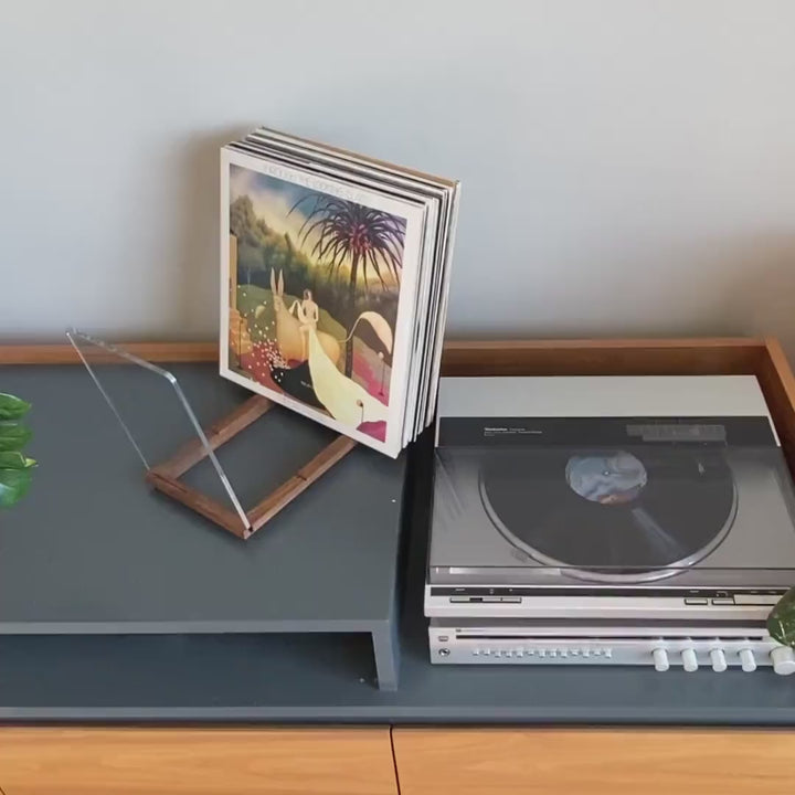 Handcrafted wooden vinyl record holder for LP collection display