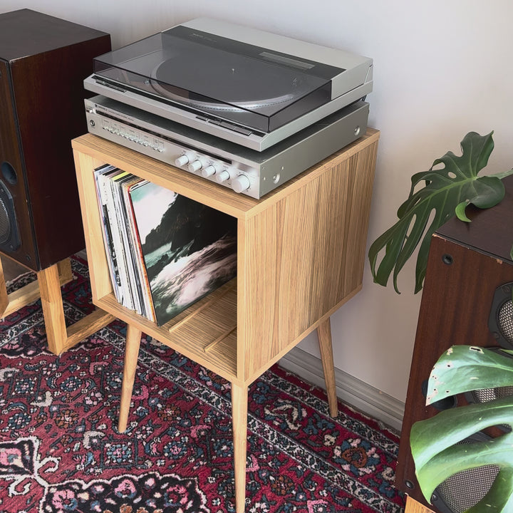 Mid century turntable stand with vinyl records and record player